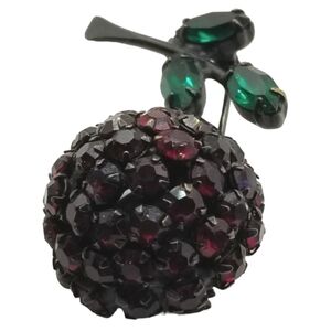 Warner Vintage Cherry Brooch Pin Japanned Rhinestone Black Back Fruit 3D Red